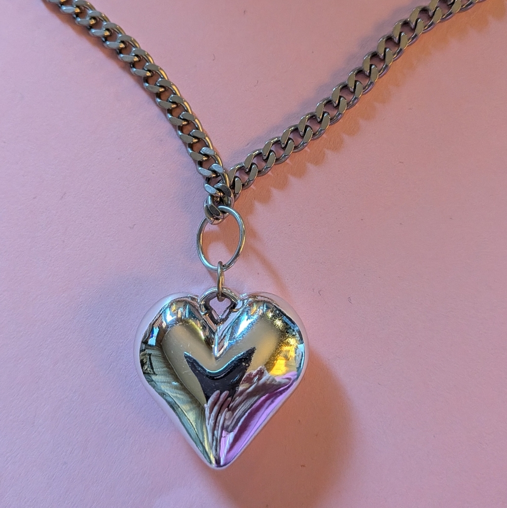 Silver Metal Industrial Heart Pendant Necklace Big and Bold New